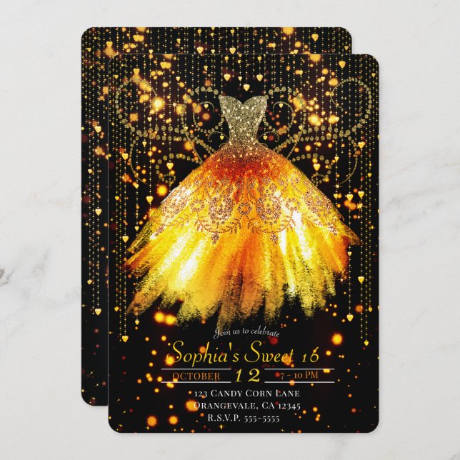 Fall Orange Black Gold Glitter Dress Sweet 16 Invitation (Front/Back)