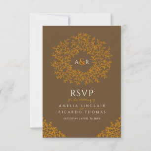 Fall orange brown leaves monogram RSVP wedding Card
