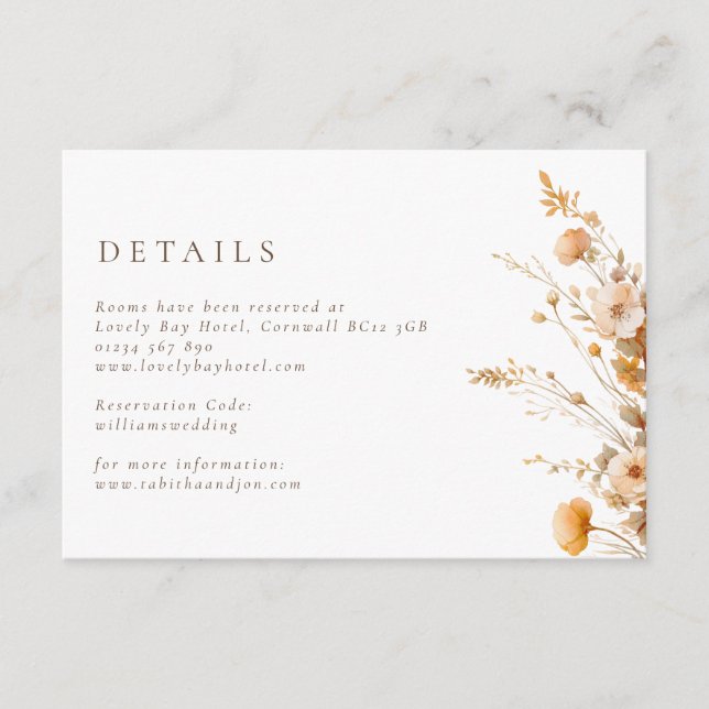 Fall Orange & Brown Wildflowers Wedding Enclosure Card (Front)