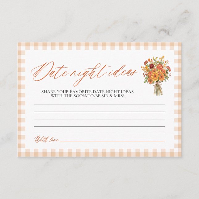 Fall Orange Date Night Ideas Bridal Shower Game Enclosure Card (Front)