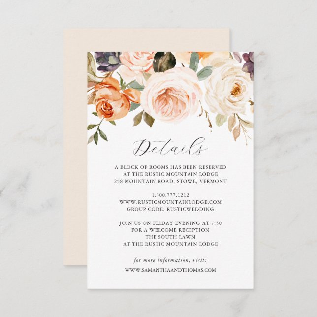Fall Orange Floral Wedding Details Card (Front/Back)