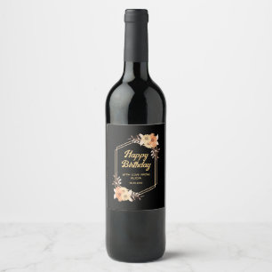 Fall Orange Flower Gold Black Happy Birthday Wine Label