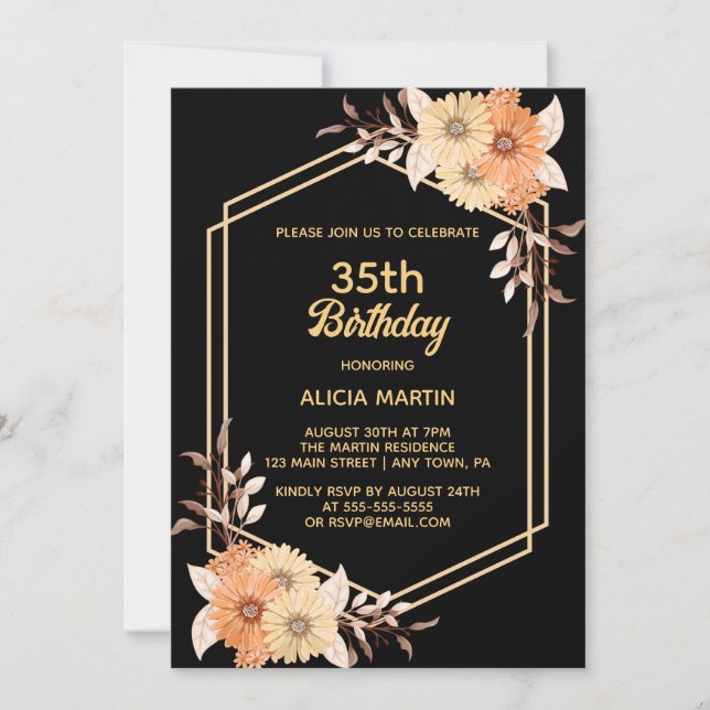 Fall Orange Flower Gold Black Woman Adult Birthday Invitation (Front)
