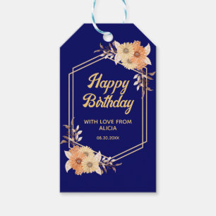 Fall Orange Flower Gold Navy Blue Happy Birthday Gift Tags
