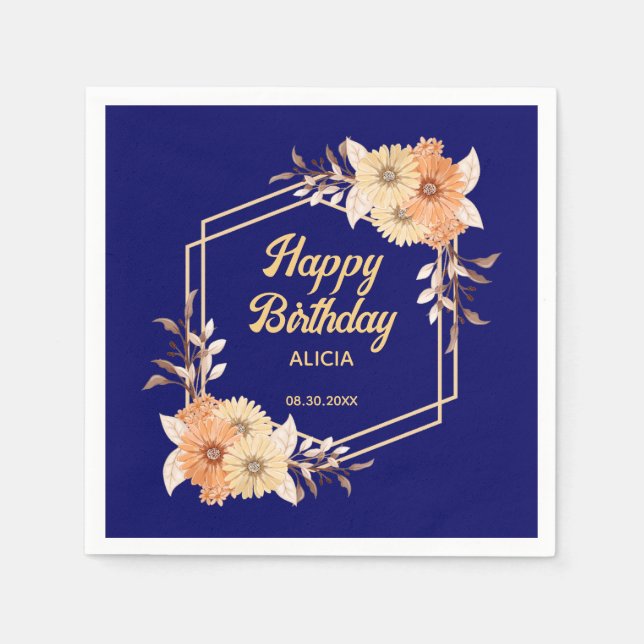 Fall Orange Flower Gold Navy Blue Happy Birthday Napkin (Front)