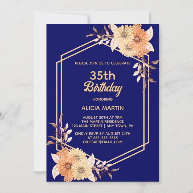 Fall Orange Flower Gold Navy Blue Woman Adult Invitation (Front)