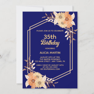 Fall Orange Flower Gold Navy Blue Woman Adult Invitation