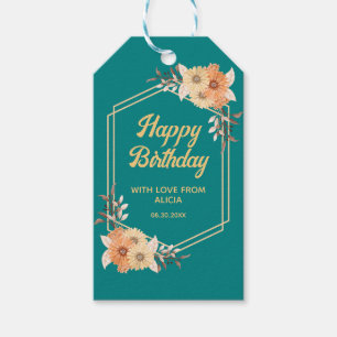Fall Orange Flower Gold Teal Happy Birthday Gift Tags