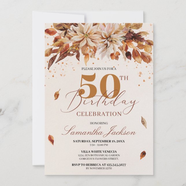 Fall Orange Flowers Marigold Cooper 50th Birthday Invitation (Front)