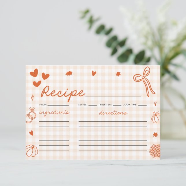 Fall Orange Gingham Bridal Shower Recipe Card (Standing Front)