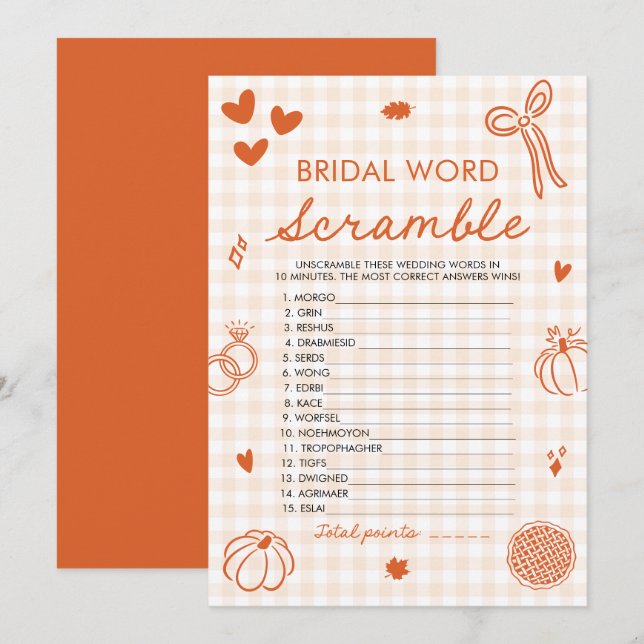 Fall Orange Gingham Bridal Word Scramble Game Invitation (Front/Back)