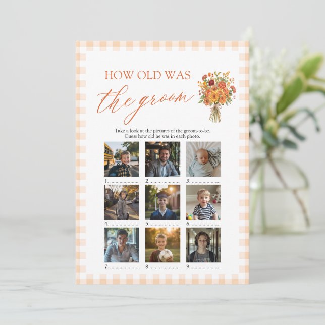 Fall Orange Gingham How Old Was The Groom Game Invitation (Standing Front)
