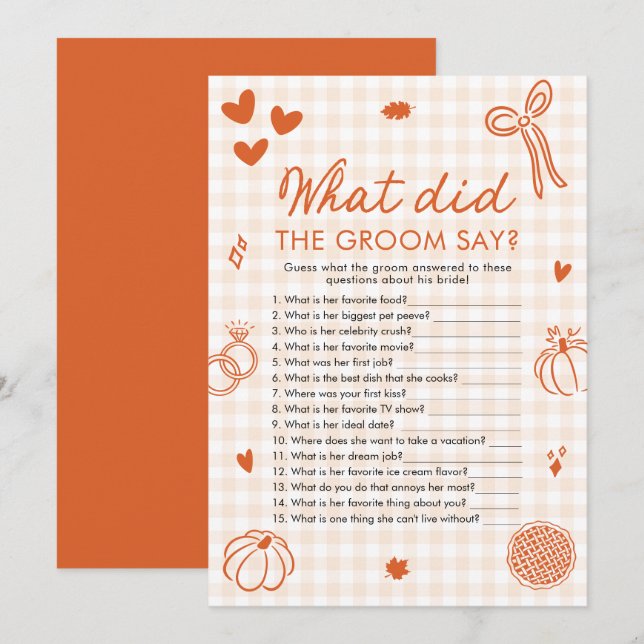 Fall Orange Gingham What Did The Groom Say Game Invitation (Front/Back)