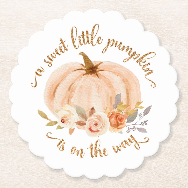 Fall orange gold foil little pumpkin baby shower paper coaster (Front)