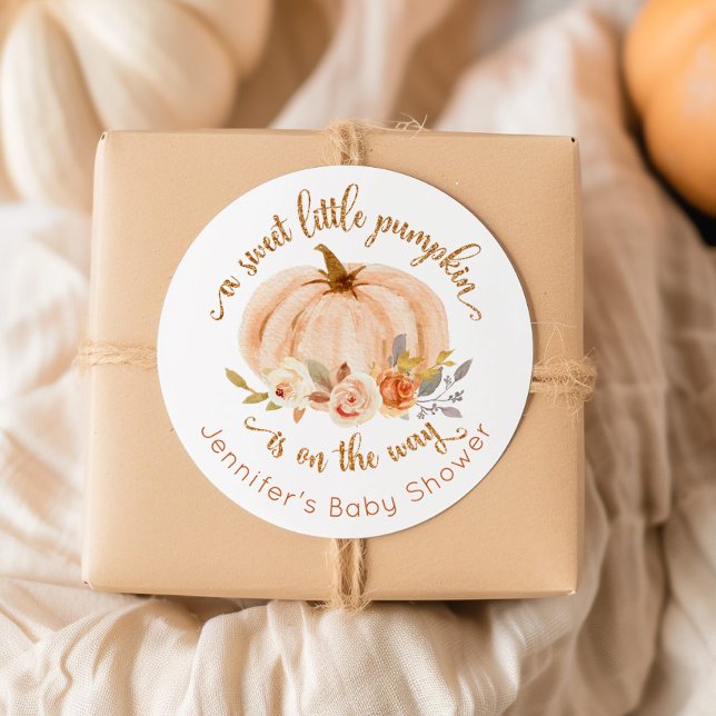 Fall orange  gold little pumpkin baby shower classic round sticker (Creator Uploaded)