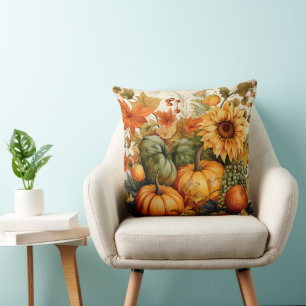 FALL ORANGE & GREEN PUMPKINS AND SUNFLOWER FLOWERS CUSHION