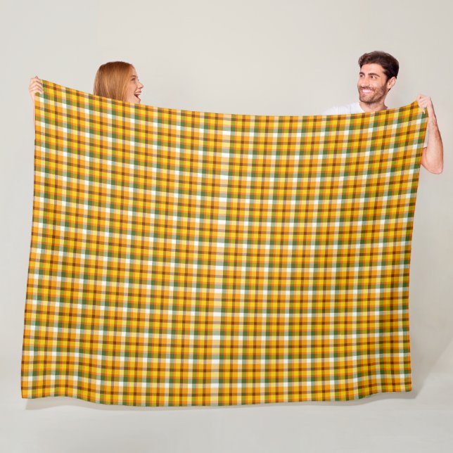FALL ORANGE GREEN WHITE PLAID PATTERNS FLEECE BLANKET (In Situ)