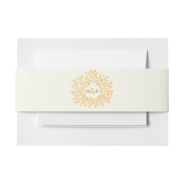 Fall orange leaves on off white wedding monogram invitation belly band (Front Example)