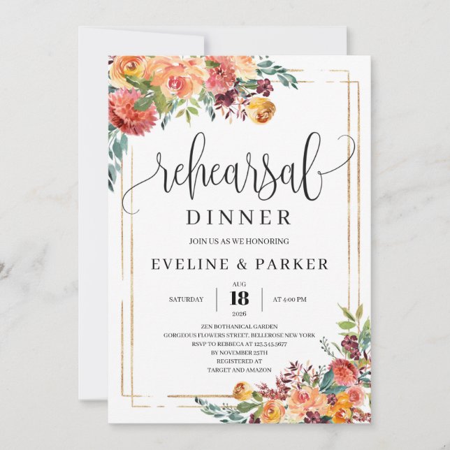 Fall orange marigold floral rehearsal dinner invit invitation (Front)