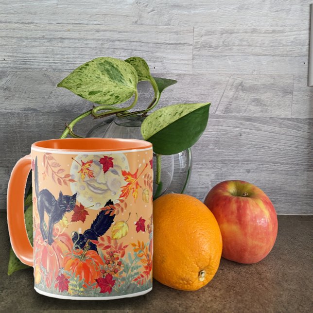 Fall Orange Pumpkin Black Cat Halloween Art Mug (Creator Uploaded)