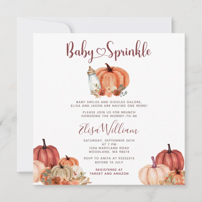 Fall Orange Pumpkin Milk Bottle Baby Sprinkle Invitation (Front)
