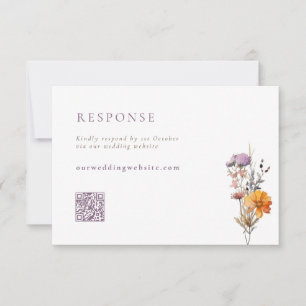 Fall Orange & Purple Wildflowers QR Code Wedding RSVP Card