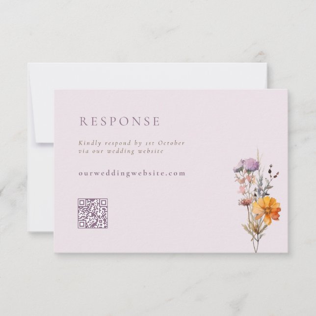 Fall Orange & Purple Wildflowers QR Code Wedding RSVP Card (Front)