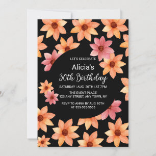 Fall Orange Russet Flower Any Age Black Birthday Invitation