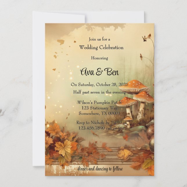 Fall Orange Tree Mushroom Wedding Celebration Invitation (Front)