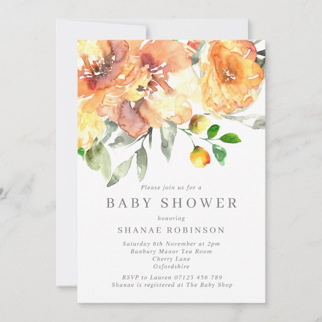 Fall Orange Watercolor Flowers Baby Shower Invitation (Front)