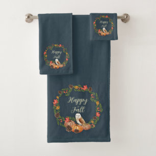 Fall owl and pumpkins with customisable text  bath towel set