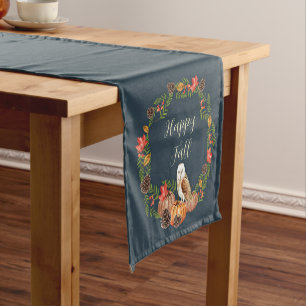 Fall owl and pumpkins with customisable text short table runner
