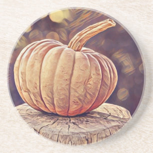 Fall painting of a pumpkin on a wooden log coaster