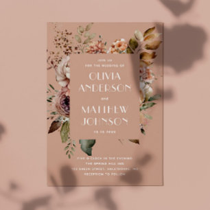 Fall pale pink floral wedding QR code details Invitation