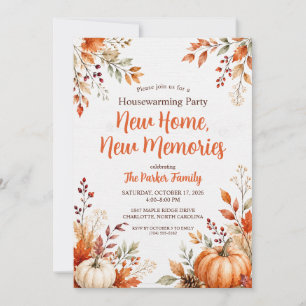 Fall Party Watercolor Pumpkin Leaves Housewarming Invitation