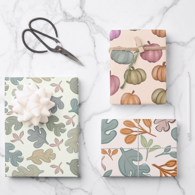 Fall Pastel Foliage & Pumpkin Pattern Wrapping Paper Sheet (Front)