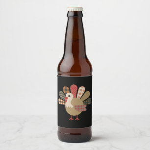 Fall Patchwork QuiltedTurkey Thanksgiving Beer Bottle Label