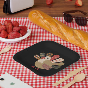 Fall Patchwork QuiltedTurkey Thanksgiving Paper Plate