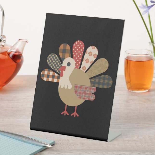 Fall Patchwork QuiltedTurkey Thanksgiving Pedestal Sign (In SItu)
