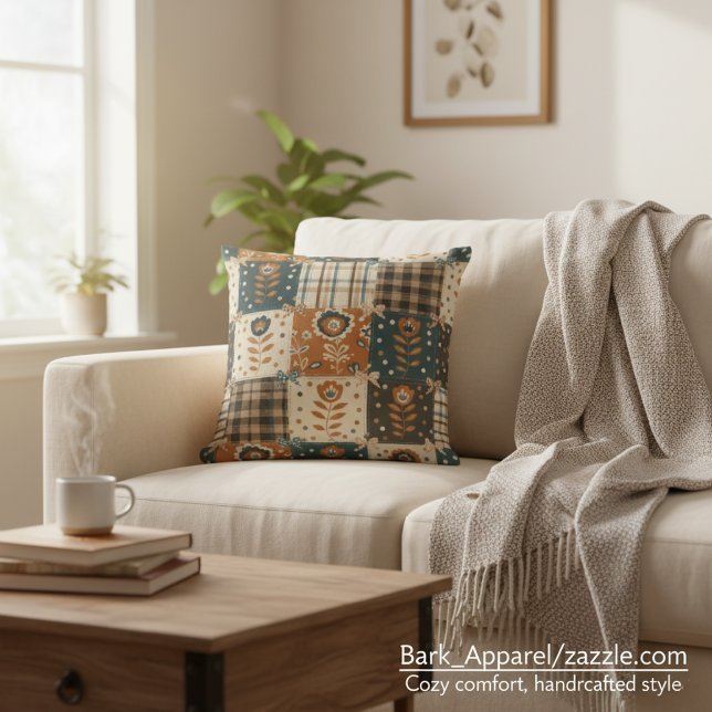 Fall Patchwork Rustic Floral & Plaid Decorative Cushion (Creator Uploaded)