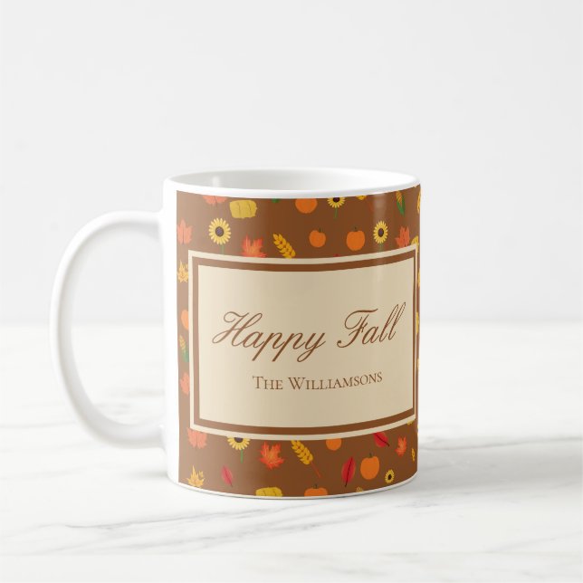 Fall Pattern Family Last Name Brown Coffee Mug (Left)