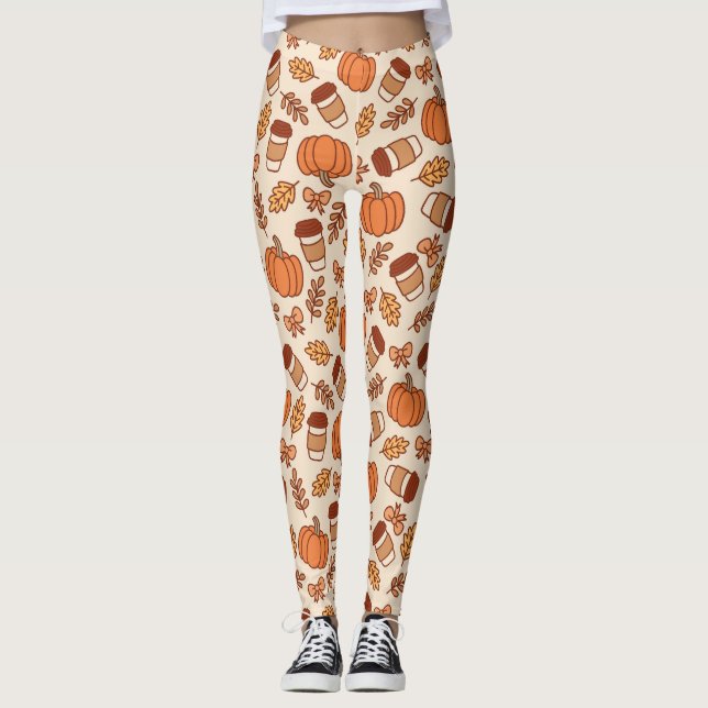Fall Pattern Seamless Coffee Pumpkin Leggings (Front)