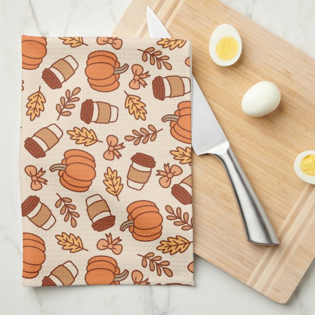 Fall Pattern Seamless Coffee Pumpkin Tea Towel (Quarter Fold)