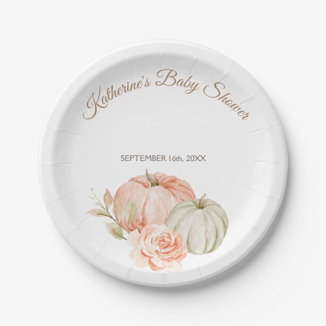 Fall Peach and Green Pumpkin Rustic Floral Paper Plate (Front)