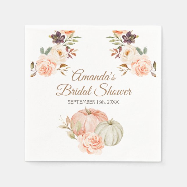 Fall Peach Green Pumpkin Rustic Floral Napkin (Front)