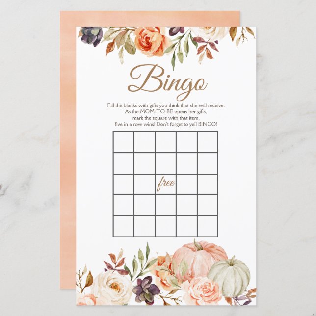 Fall Peach Pumpkin Rustic Floral Bingo Games (Front/Back)