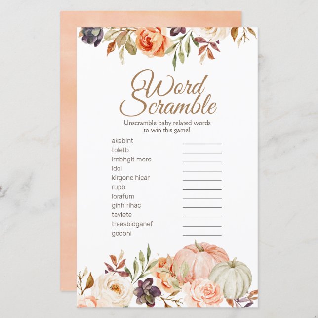 Fall Peach Pumpkin Rustic Word Scramble (Front/Back)