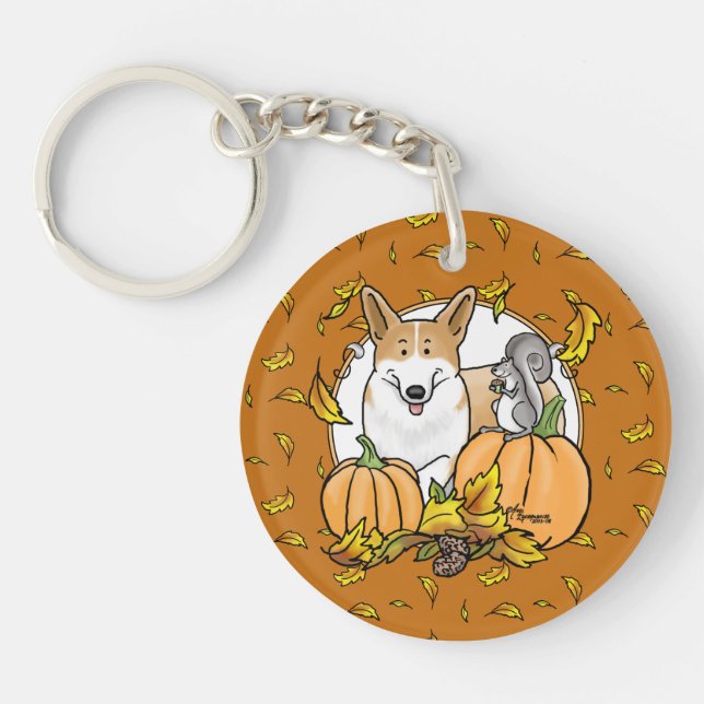 Fall Pembroke Welsh Corgi (red 1) Pumpkins Cute Key Ring (Front)