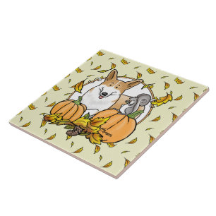 Fall Pembroke Welsh Corgi (red 1) Pumpkins Cute Tile