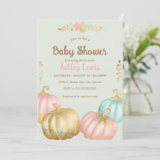 Fall pink and gold pumpkin baby shower invite